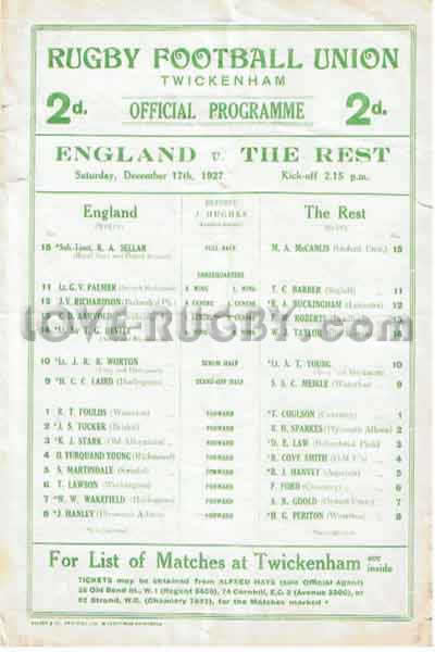 1927 England v The Rest (RFU)  Rugby Programme